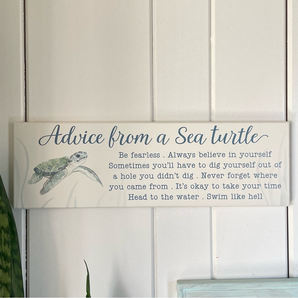 $10 SALE Sea Turtle Advice Wall Art Light Blue White Whimsical Humor Nautical - Picture 2 of 6